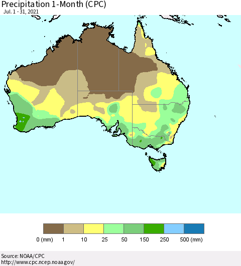Australia Precipitation 1-Month (CPC) Thematic Map For 7/1/2021 - 7/31/2021