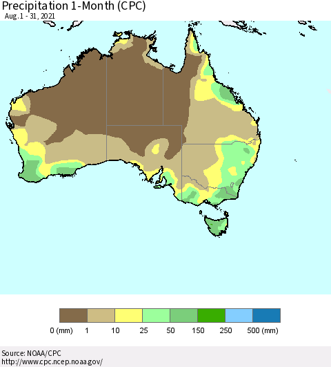 Australia Precipitation 1-Month (CPC) Thematic Map For 8/1/2021 - 8/31/2021