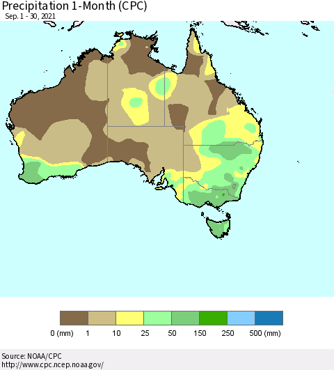 Australia Precipitation 1-Month (CPC) Thematic Map For 9/1/2021 - 9/30/2021