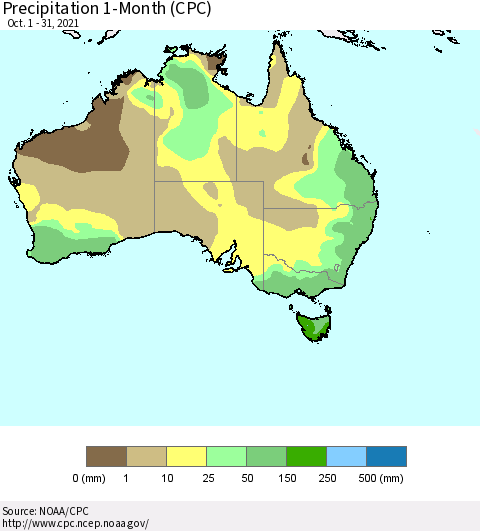 Australia Precipitation 1-Month (CPC) Thematic Map For 10/1/2021 - 10/31/2021