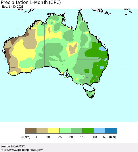 Australia Precipitation 1-Month (CPC) Thematic Map For 11/1/2021 - 11/30/2021