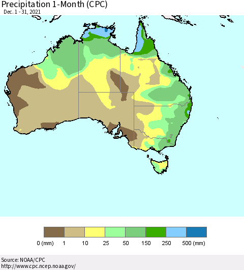 Australia Precipitation 1-Month (CPC) Thematic Map For 12/1/2021 - 12/31/2021