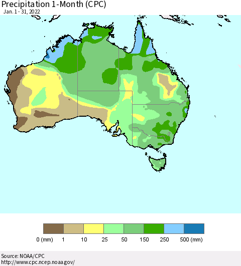 Australia Precipitation 1-Month (CPC) Thematic Map For 1/1/2022 - 1/31/2022