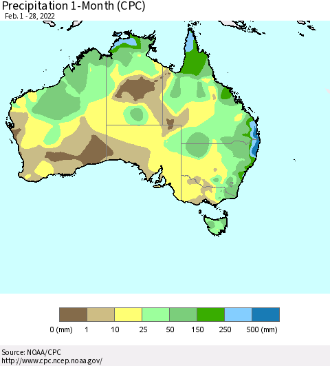 Australia Precipitation 1-Month (CPC) Thematic Map For 2/1/2022 - 2/28/2022
