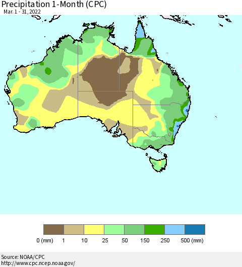 Australia Precipitation 1-Month (CPC) Thematic Map For 3/1/2022 - 3/31/2022