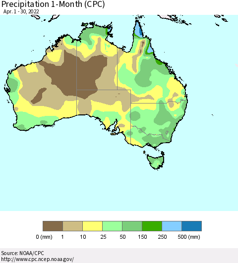 Australia Precipitation 1-Month (CPC) Thematic Map For 4/1/2022 - 4/30/2022