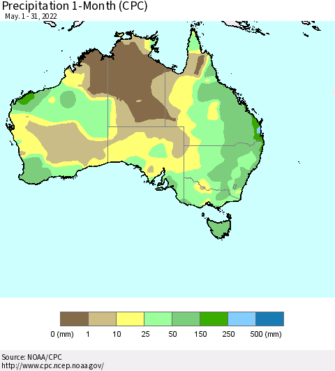 Australia Precipitation 1-Month (CPC) Thematic Map For 5/1/2022 - 5/31/2022