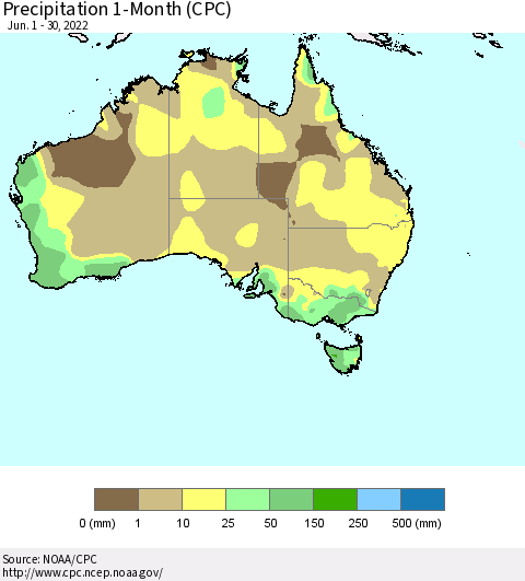 Australia Precipitation 1-Month (CPC) Thematic Map For 6/1/2022 - 6/30/2022