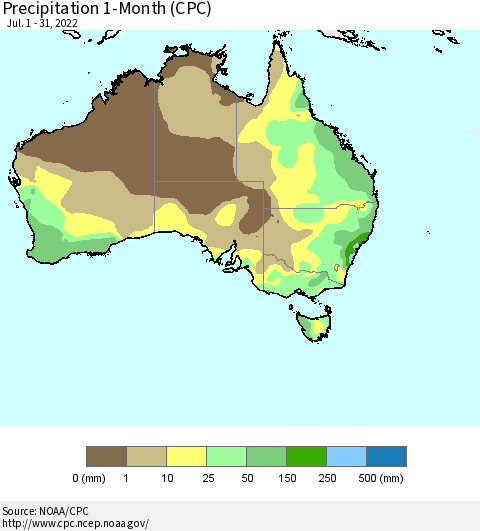 Australia Precipitation 1-Month (CPC) Thematic Map For 7/1/2022 - 7/31/2022