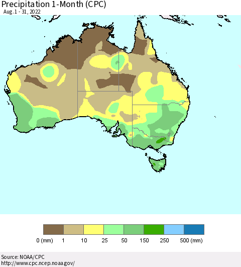 Australia Precipitation 1-Month (CPC) Thematic Map For 8/1/2022 - 8/31/2022
