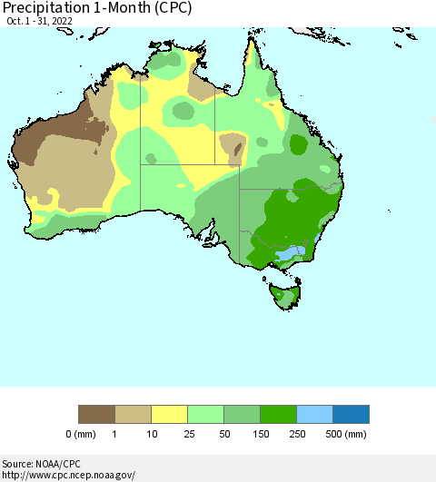 Australia Precipitation 1-Month (CPC) Thematic Map For 10/1/2022 - 10/31/2022