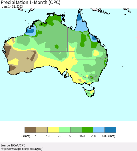 Australia Precipitation 1-Month (CPC) Thematic Map For 1/1/2023 - 1/31/2023