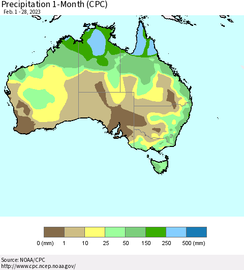 Australia Precipitation 1-Month (CPC) Thematic Map For 2/1/2023 - 2/28/2023