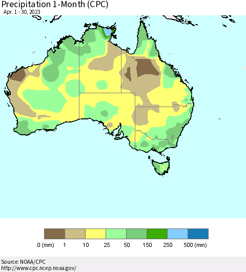 Australia Precipitation 1-Month (CPC) Thematic Map For 4/1/2023 - 4/30/2023