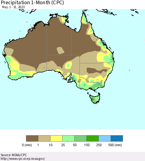 Australia Precipitation 1-Month (CPC) Thematic Map For 5/1/2023 - 5/31/2023