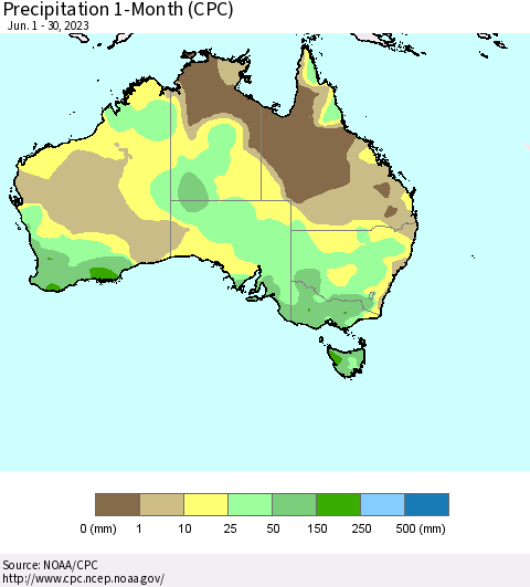 Australia Precipitation 1-Month (CPC) Thematic Map For 6/1/2023 - 6/30/2023