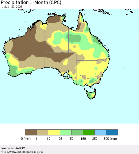 Australia Precipitation 1-Month (CPC) Thematic Map For 7/1/2023 - 7/31/2023