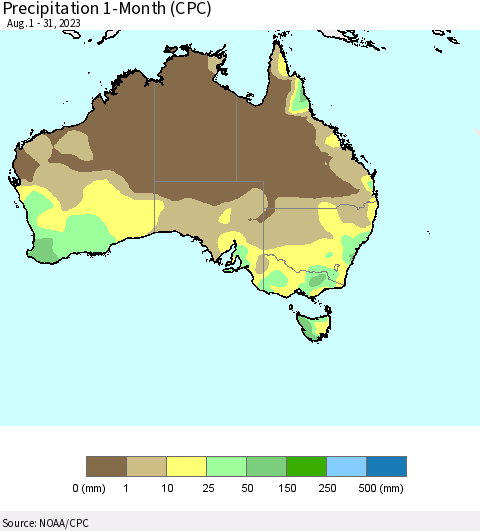 Australia Precipitation 1-Month (CPC) Thematic Map For 8/1/2023 - 8/31/2023