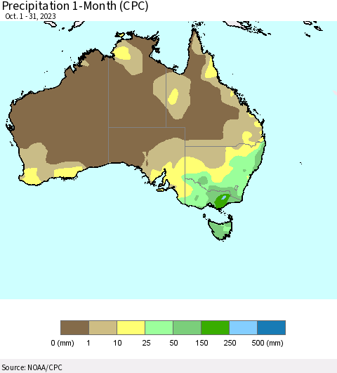Australia Precipitation 1-Month (CPC) Thematic Map For 10/1/2023 - 10/31/2023
