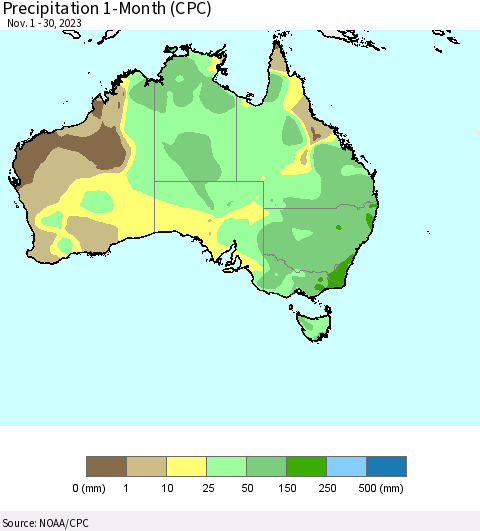 Australia Precipitation 1-Month (CPC) Thematic Map For 11/1/2023 - 11/30/2023