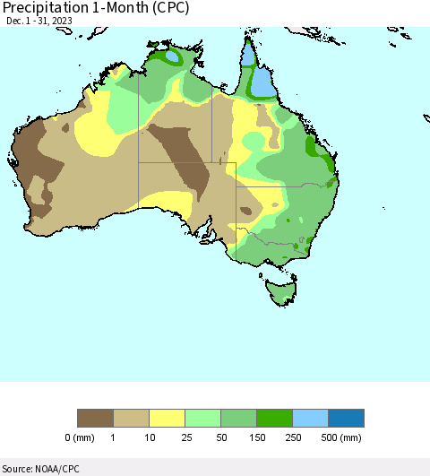Australia Precipitation 1-Month (CPC) Thematic Map For 12/1/2023 - 12/31/2023