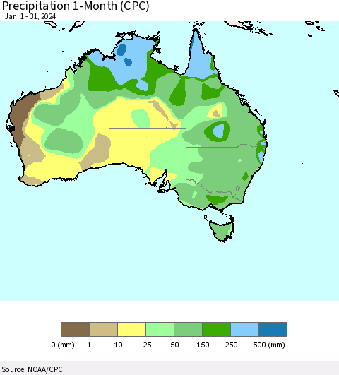 Australia Precipitation 1-Month (CPC) Thematic Map For 1/1/2024 - 1/31/2024