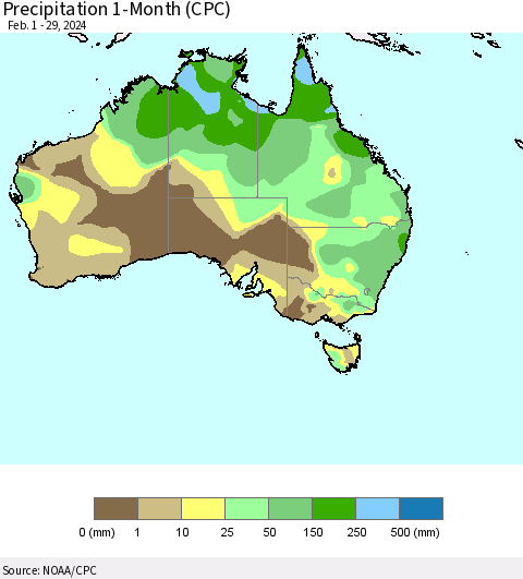 Australia Precipitation 1-Month (CPC) Thematic Map For 2/1/2024 - 2/29/2024