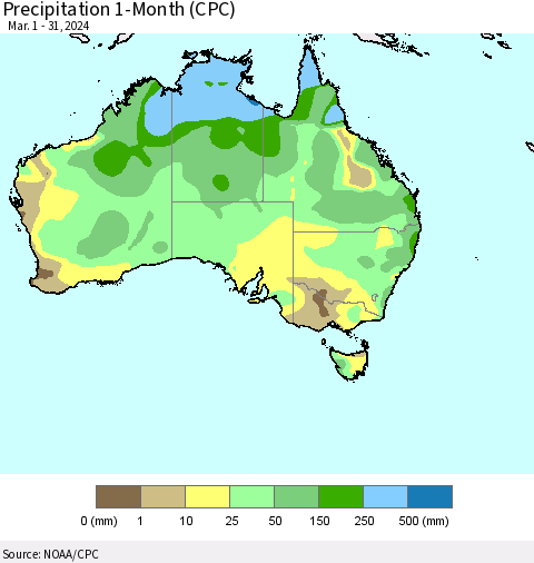 Australia Precipitation 1-Month (CPC) Thematic Map For 3/1/2024 - 3/31/2024