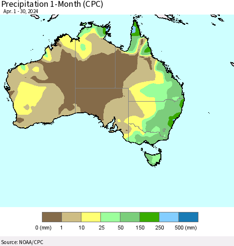 Australia Precipitation 1-Month (CPC) Thematic Map For 4/1/2024 - 4/30/2024