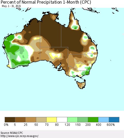 Australia Percent of Normal Precipitation 1-Month (CPC) Thematic Map For 5/1/2021 - 5/31/2021