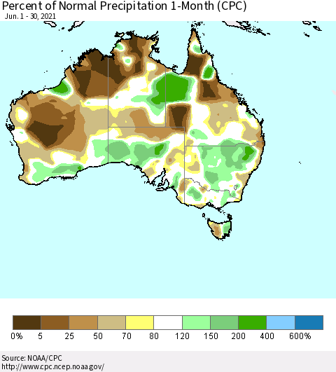 Australia Percent of Normal Precipitation 1-Month (CPC) Thematic Map For 6/1/2021 - 6/30/2021