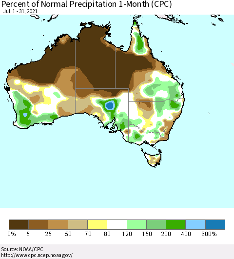 Australia Percent of Normal Precipitation 1-Month (CPC) Thematic Map For 7/1/2021 - 7/31/2021