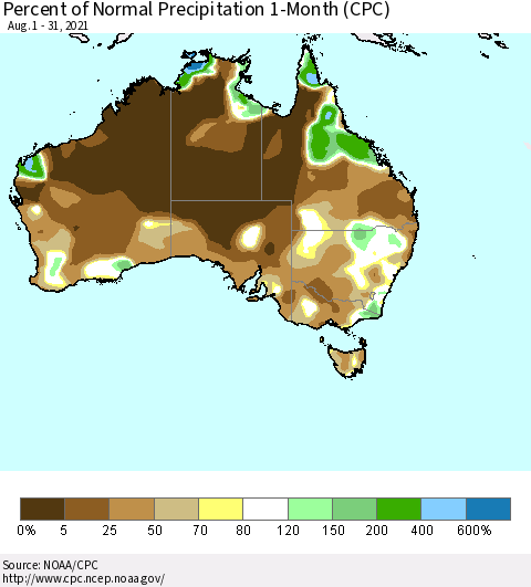 Australia Percent of Normal Precipitation 1-Month (CPC) Thematic Map For 8/1/2021 - 8/31/2021