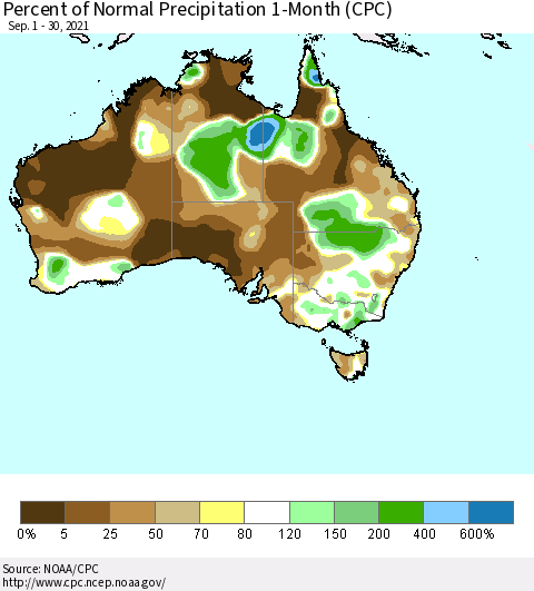 Australia Percent of Normal Precipitation 1-Month (CPC) Thematic Map For 9/1/2021 - 9/30/2021