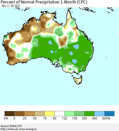 Australia Percent of Normal Precipitation 1-Month (CPC) Thematic Map For 11/1/2021 - 11/30/2021