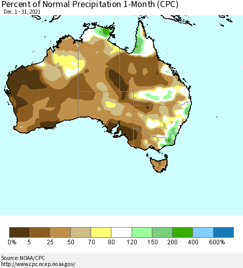 Australia Percent of Normal Precipitation 1-Month (CPC) Thematic Map For 12/1/2021 - 12/31/2021