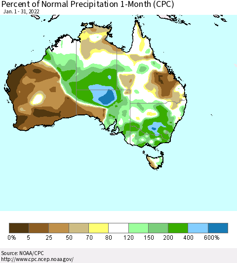 Australia Percent of Normal Precipitation 1-Month (CPC) Thematic Map For 1/1/2022 - 1/31/2022
