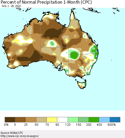 Australia Percent of Normal Precipitation 1-Month (CPC) Thematic Map For 2/1/2022 - 2/28/2022