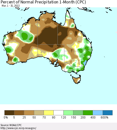 Australia Percent of Normal Precipitation 1-Month (CPC) Thematic Map For 3/1/2022 - 3/31/2022
