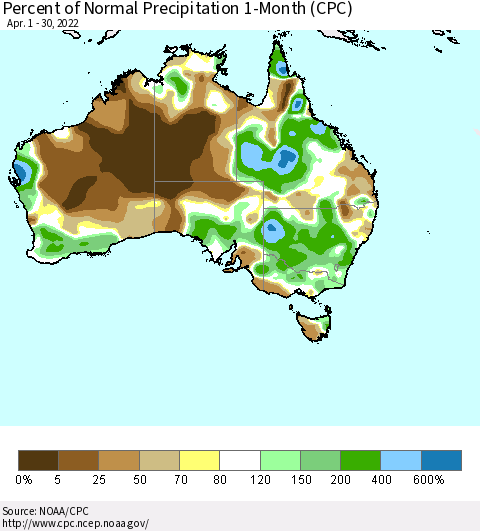 Australia Percent of Normal Precipitation 1-Month (CPC) Thematic Map For 4/1/2022 - 4/30/2022