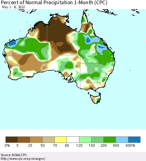Australia Percent of Normal Precipitation 1-Month (CPC) Thematic Map For 5/1/2022 - 5/31/2022