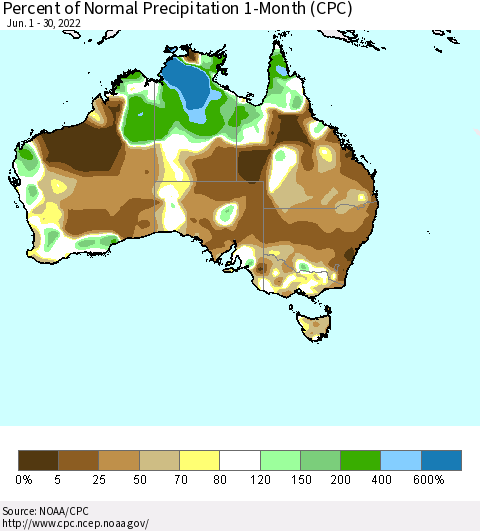 Australia Percent of Normal Precipitation 1-Month (CPC) Thematic Map For 6/1/2022 - 6/30/2022