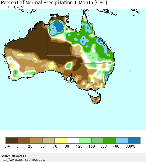 Australia Percent of Normal Precipitation 1-Month (CPC) Thematic Map For 7/1/2022 - 7/31/2022
