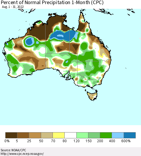Australia Percent of Normal Precipitation 1-Month (CPC) Thematic Map For 8/1/2022 - 8/31/2022