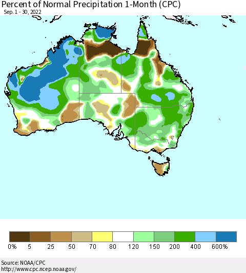 Australia Percent of Normal Precipitation 1-Month (CPC) Thematic Map For 9/1/2022 - 9/30/2022