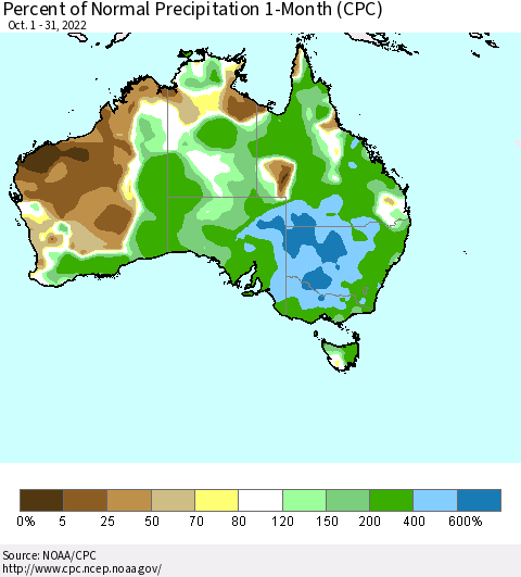 Australia Percent of Normal Precipitation 1-Month (CPC) Thematic Map For 10/1/2022 - 10/31/2022