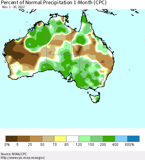 Australia Percent of Normal Precipitation 1-Month (CPC) Thematic Map For 11/1/2022 - 11/30/2022