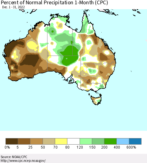 Australia Percent of Normal Precipitation 1-Month (CPC) Thematic Map For 12/1/2022 - 12/31/2022