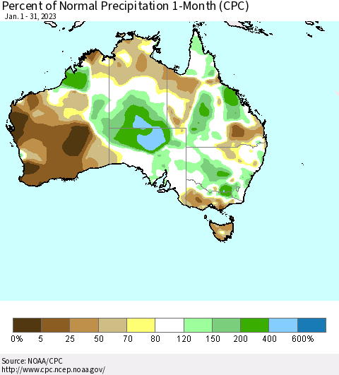 Australia Percent of Normal Precipitation 1-Month (CPC) Thematic Map For 1/1/2023 - 1/31/2023