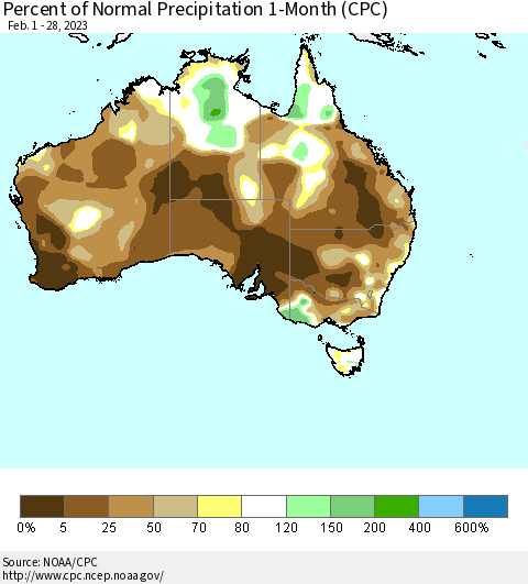 Australia Percent of Normal Precipitation 1-Month (CPC) Thematic Map For 2/1/2023 - 2/28/2023